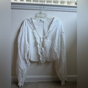 ANTHROPOLOGIE Long-Sleeve Eyelet Poplin Tie-Front Top - White, One Size